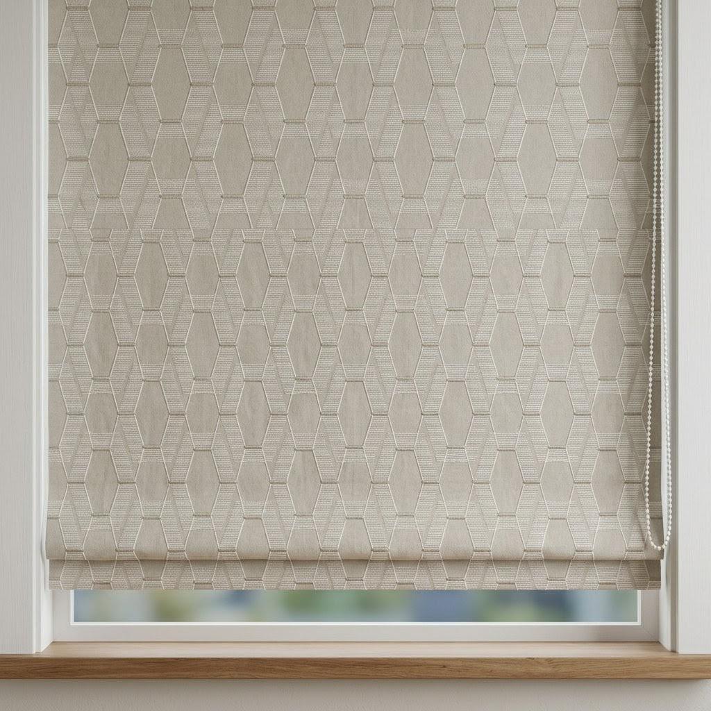 Embroidered Linen Roman Shade, Geometric Neutral Window Blind, Custom Corded Beige Ivory — image 8