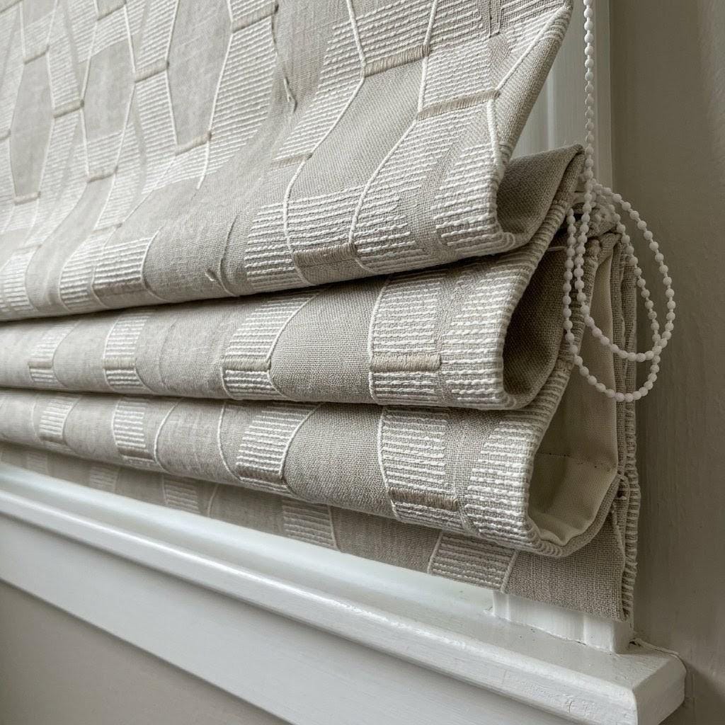 Embroidered Linen Roman Shade, Geometric Neutral Window Blind, Custom Corded Beige Ivory — image 4