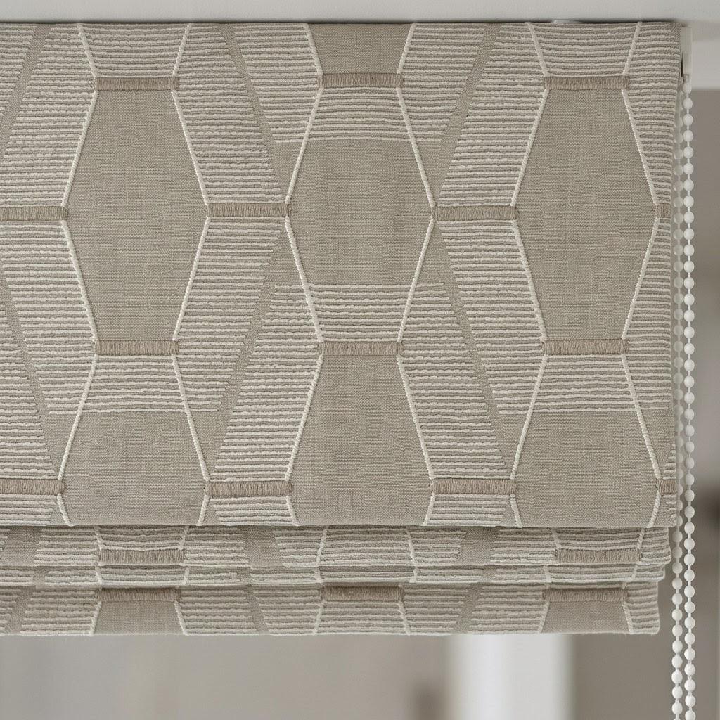 Embroidered Linen Roman Shade, Geometric Neutral Window Blind, Custom Corded Beige Ivory — image 3