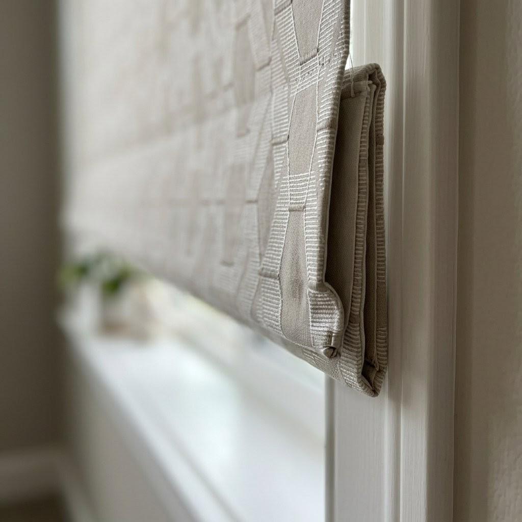 Embroidered Linen Roman Shade, Geometric Neutral Window Blind, Custom Corded Beige Ivory — image 7