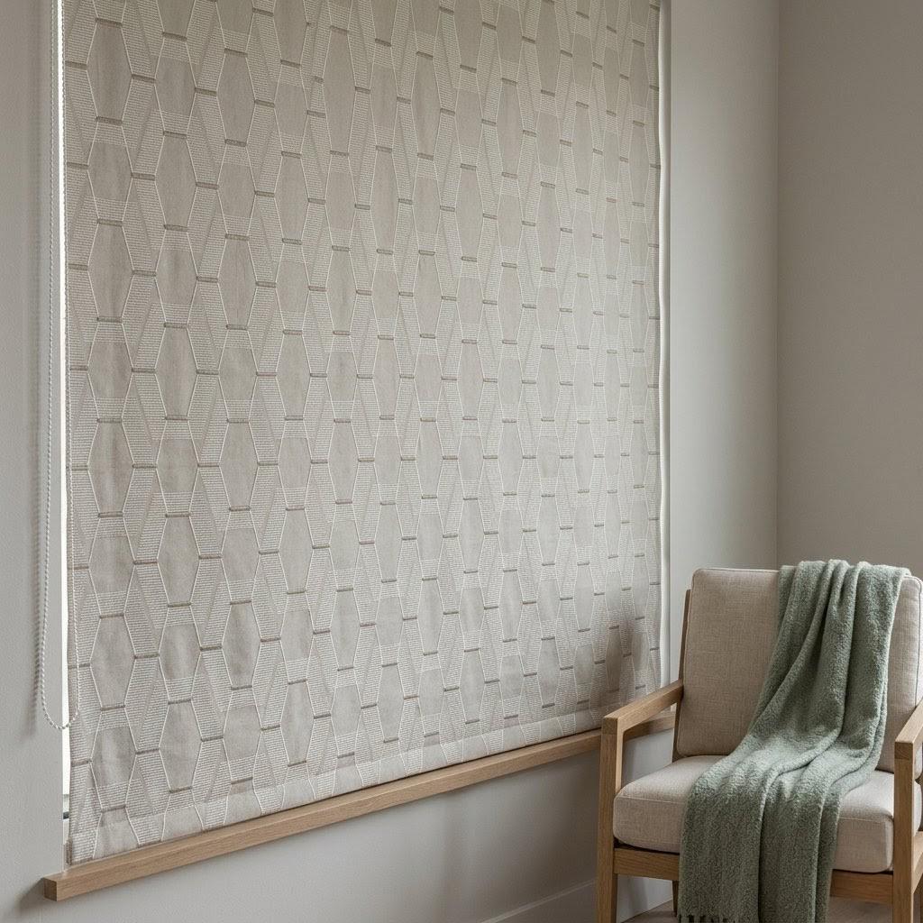 Embroidered Linen Roman Shade, Geometric Neutral Window Blind, Custom Corded Beige Ivory — image 2