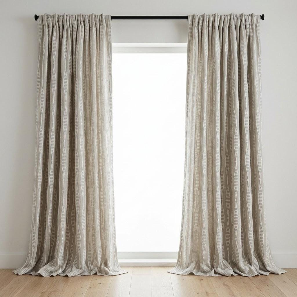 Natural Flax Linen Embroidered Curtains, White Geometric Drapes, Custom Panels — image 4