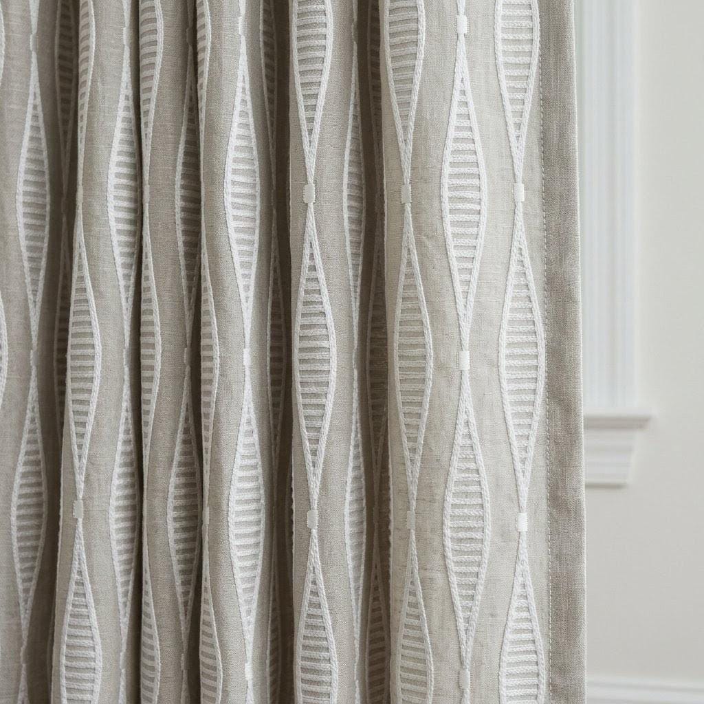 Natural Flax Linen Embroidered Curtains, White Geometric Drapes, Custom Panels — image 1