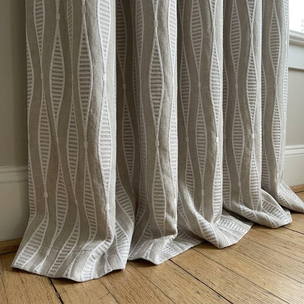 Natural Flax Linen Embroidered Curtains, White Geometric Drapes, Custom Panels — image 3
