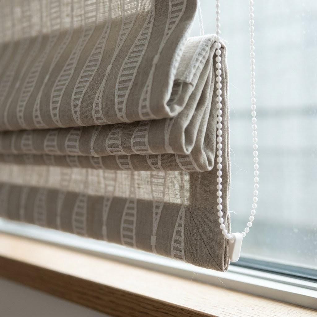 Embroidered Linen Roman Shade, Greige Geometric Window Blind, Custom Light Filtering (Blackout Option) — image 6