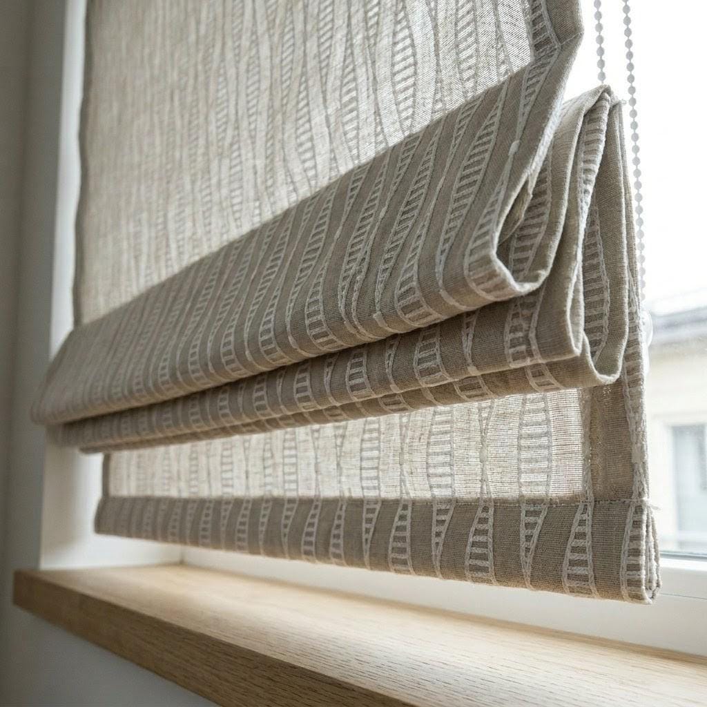Embroidered Linen Roman Shade, Greige Geometric Window Blind, Custom Light Filtering (Blackout Option) — image 10
