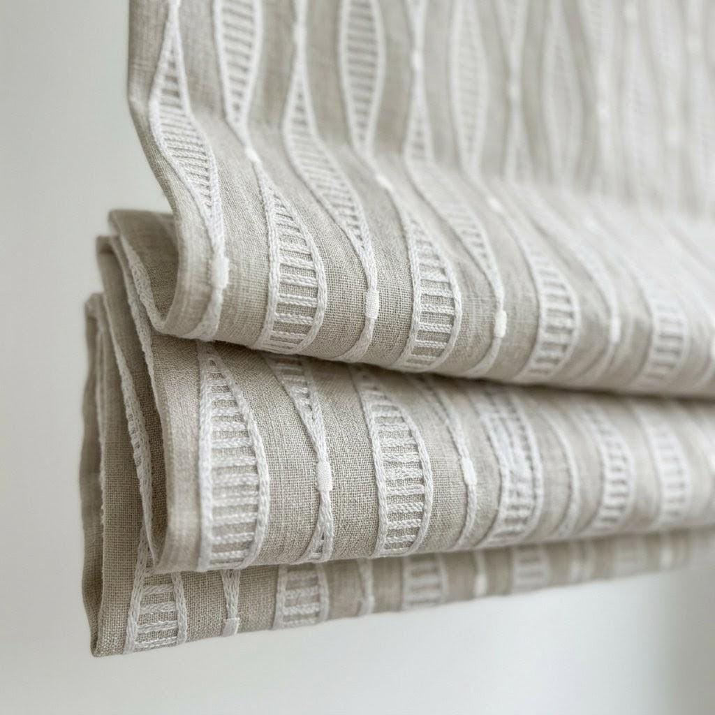 Embroidered Linen Roman Shade, Greige Geometric Window Blind, Custom Light Filtering (Blackout Option) — image 1