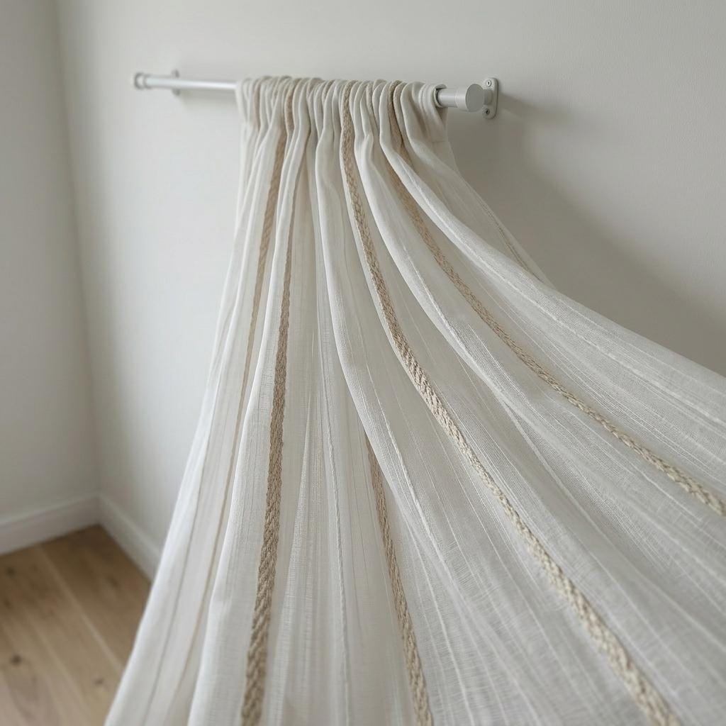 Ivory Linen Sheer Curtains, Cream Embroidered Stripes, Custom Privacy Drapes — image 7