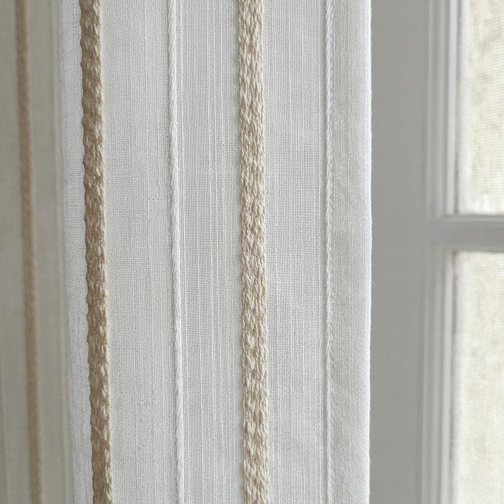 Ivory Linen Sheer Curtains, Cream Embroidered Stripes, Custom Privacy Drapes — image 1
