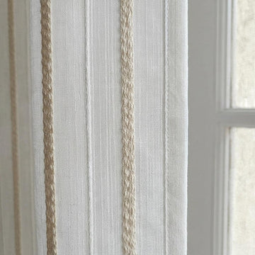 Ivory Linen Sheer Curtains, Cream Embroidered Stripes, Custom Privacy Drapes — image 1