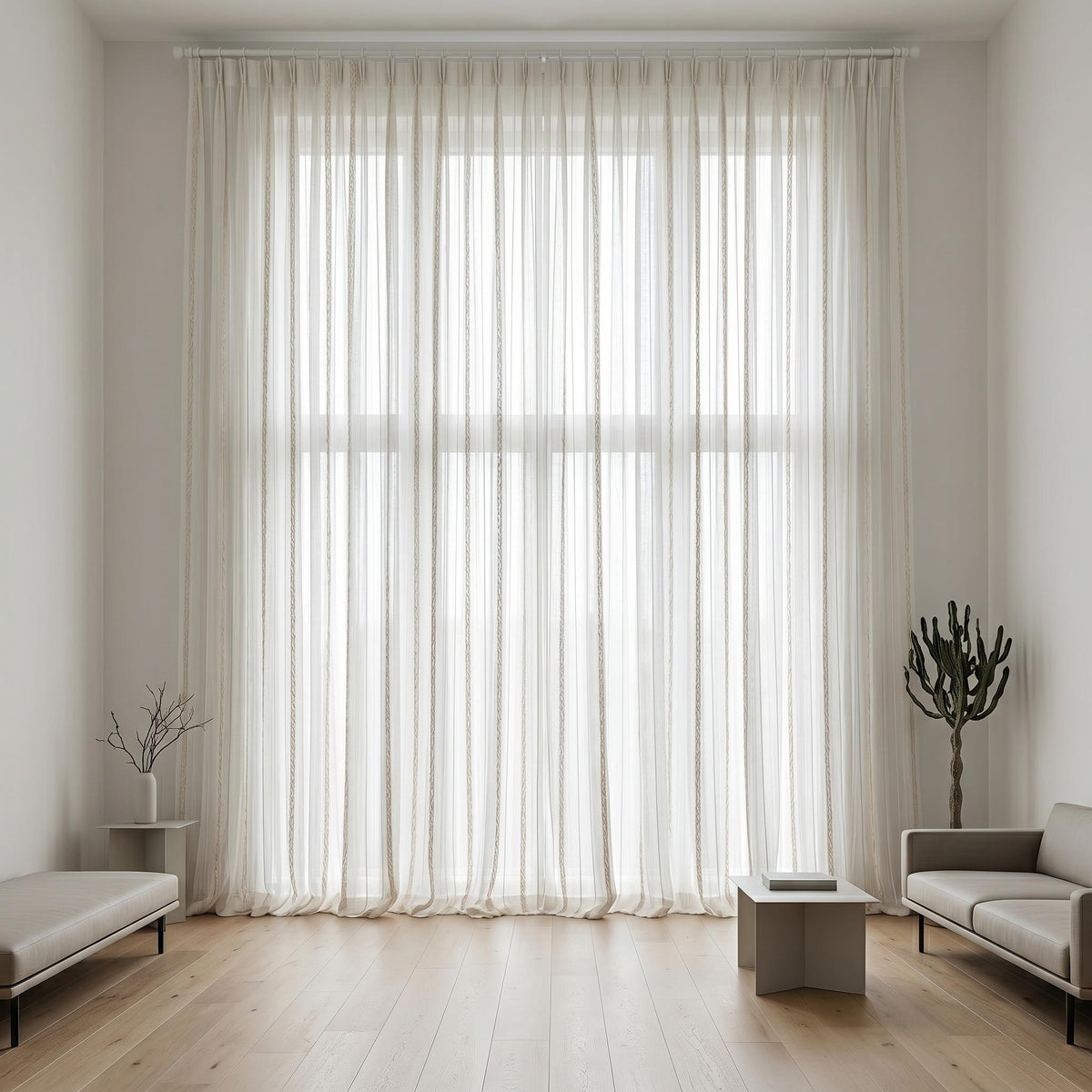 Ivory Linen Sheer Curtains, Cream Embroidered Stripes, Custom Privacy Drapes — image 5