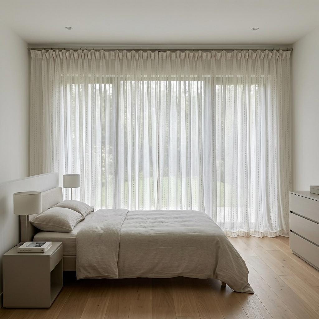 Ivory Linen Sheer Curtains, Light Taupe Dash Stripe Embroidery, Custom Drapes — image 8