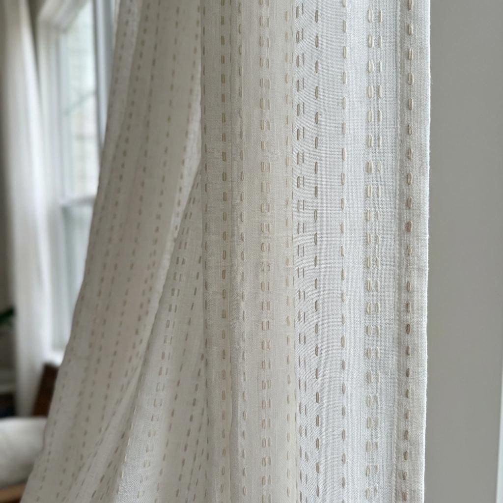 Ivory Linen Sheer Curtains, Light Taupe Dash Stripe Embroidery, Custom Drapes — image 2