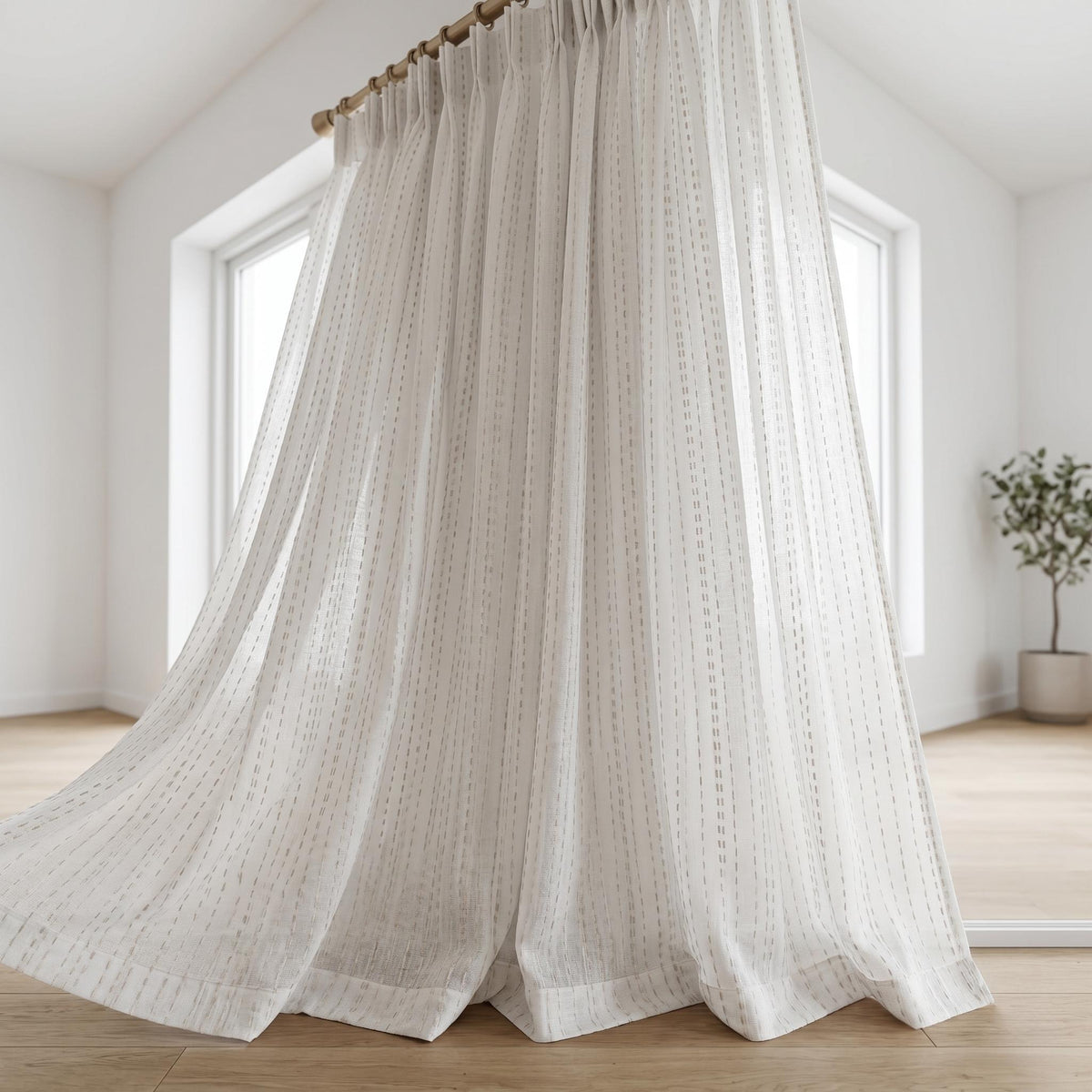 Ivory Linen Sheer Curtains, Light Taupe Dash Stripe Embroidery, Custom Drapes — image 3
