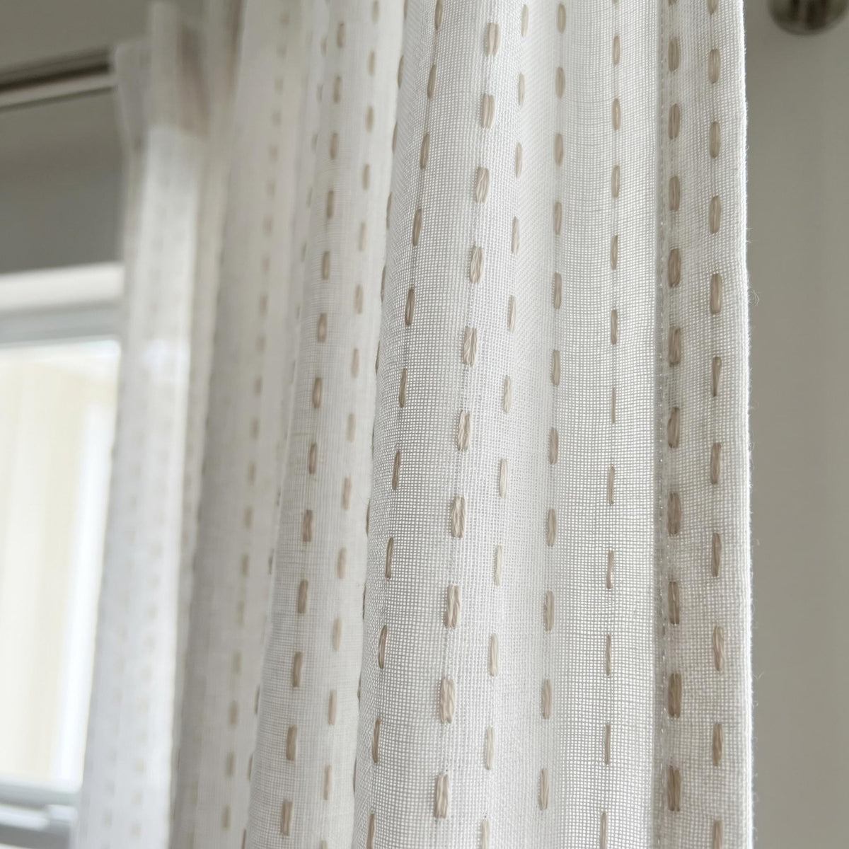 Ivory Linen Sheer Curtains, Light Taupe Dash Stripe Embroidery, Custom Drapes — image 5