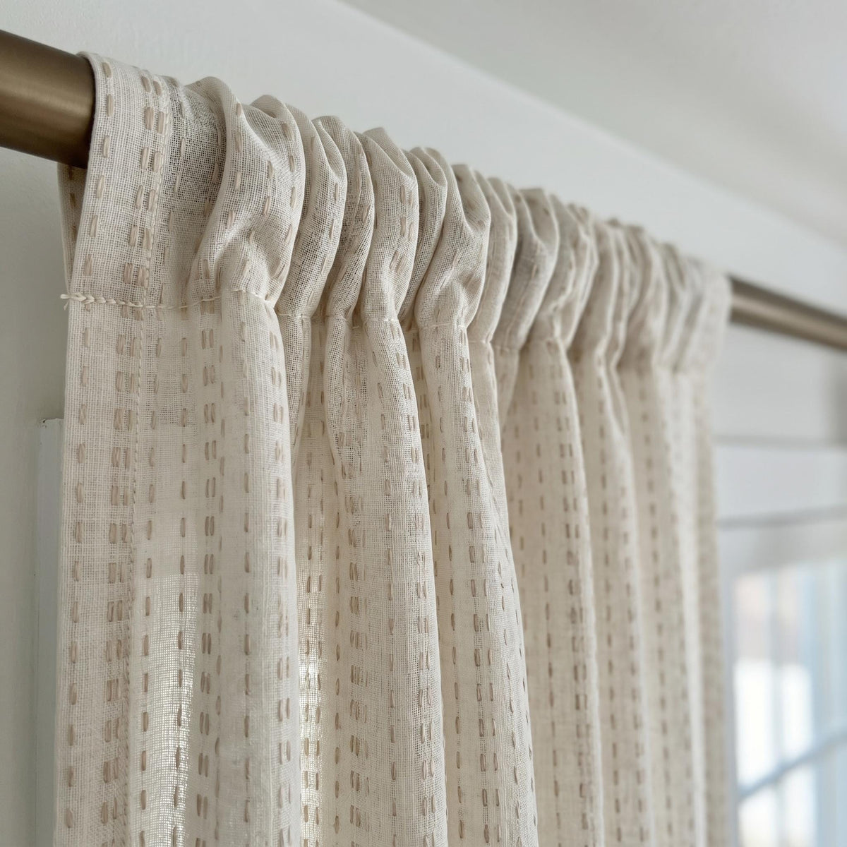 Ivory Linen Sheer Curtains, Light Taupe Dash Stripe Embroidery, Custom Drapes — image 7