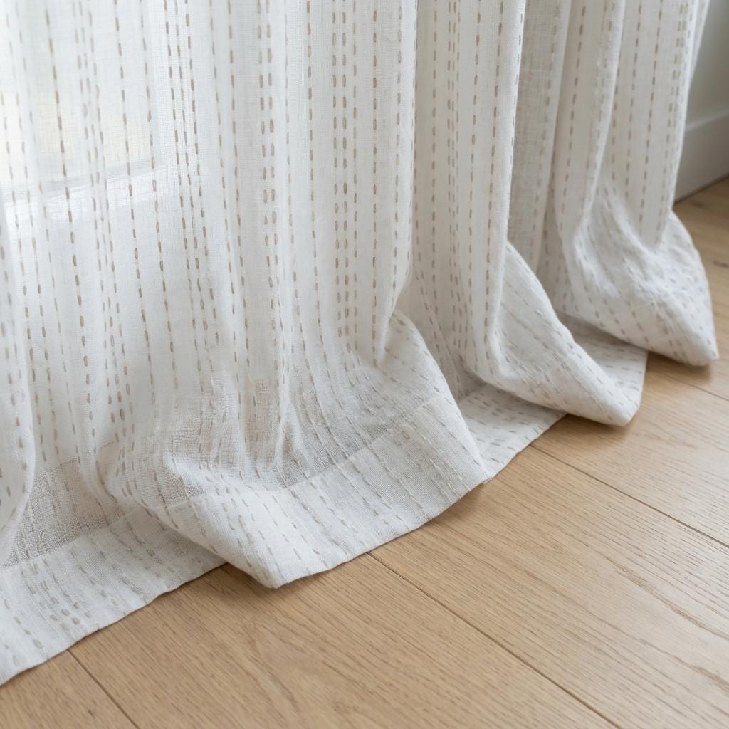 Ivory Linen Sheer Curtains, Light Taupe Dash Stripe Embroidery, Custom Drapes — image 1