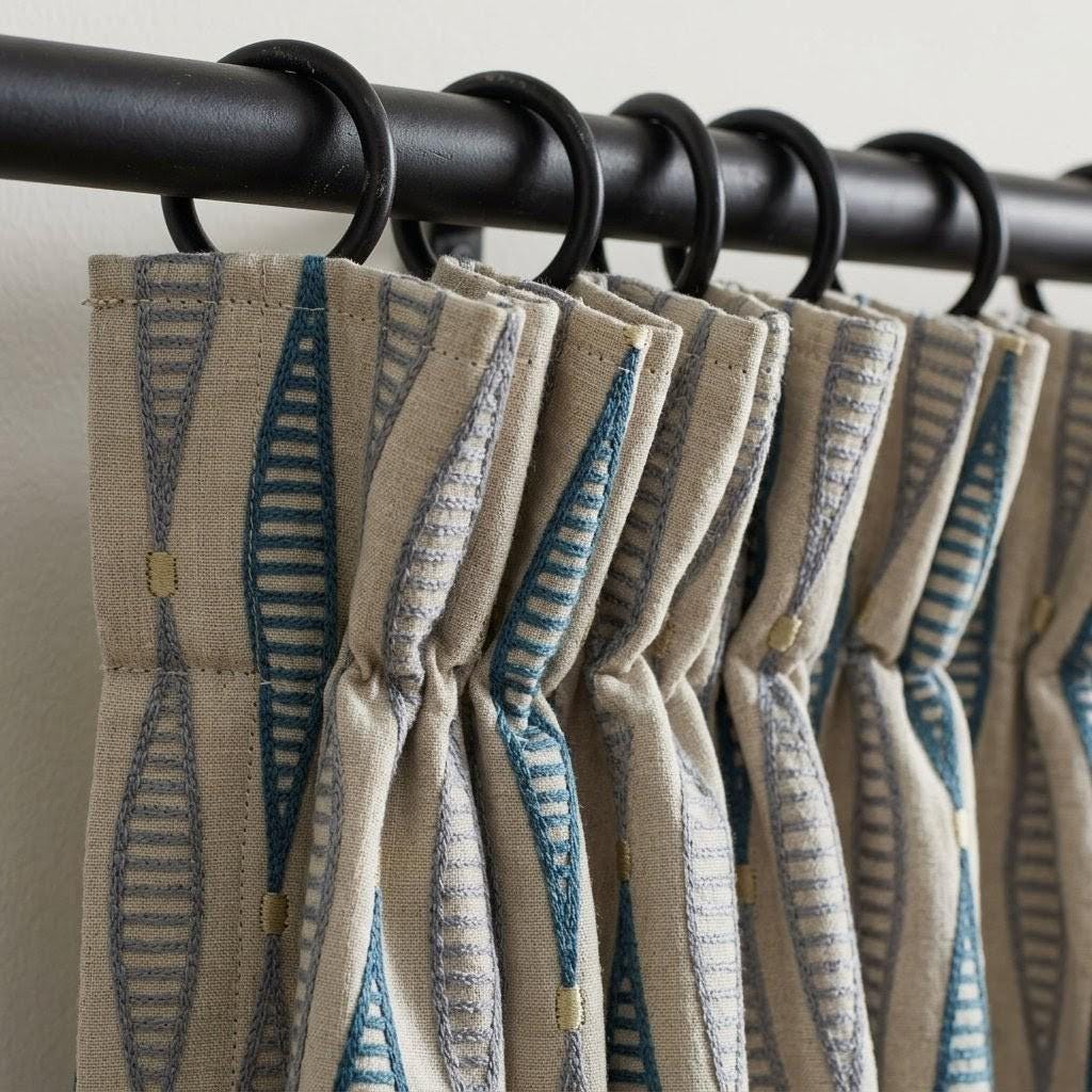 Natural Linen Embroidered Curtains, Teal Slate Blue Geometric Drapes, Custom Panels — image 2