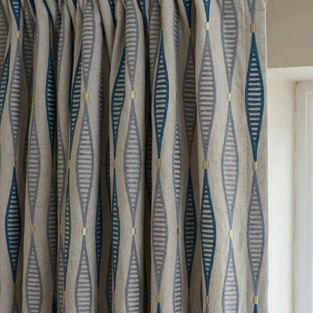 Natural Linen Embroidered Curtains, Teal Slate Blue Geometric Drapes, Custom Panels — image 5