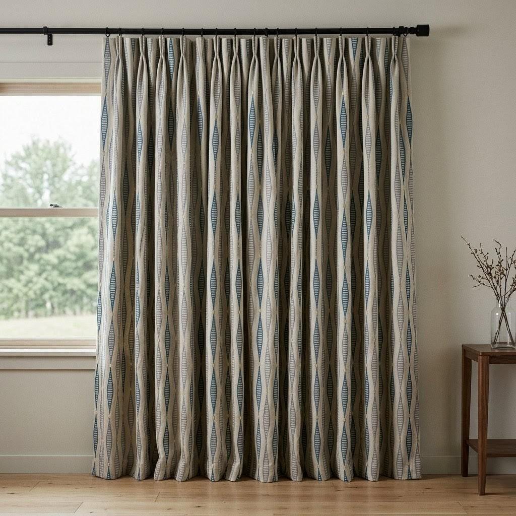 Natural Linen Embroidered Curtains, Teal Slate Blue Geometric Drapes, Custom Panels — image 7