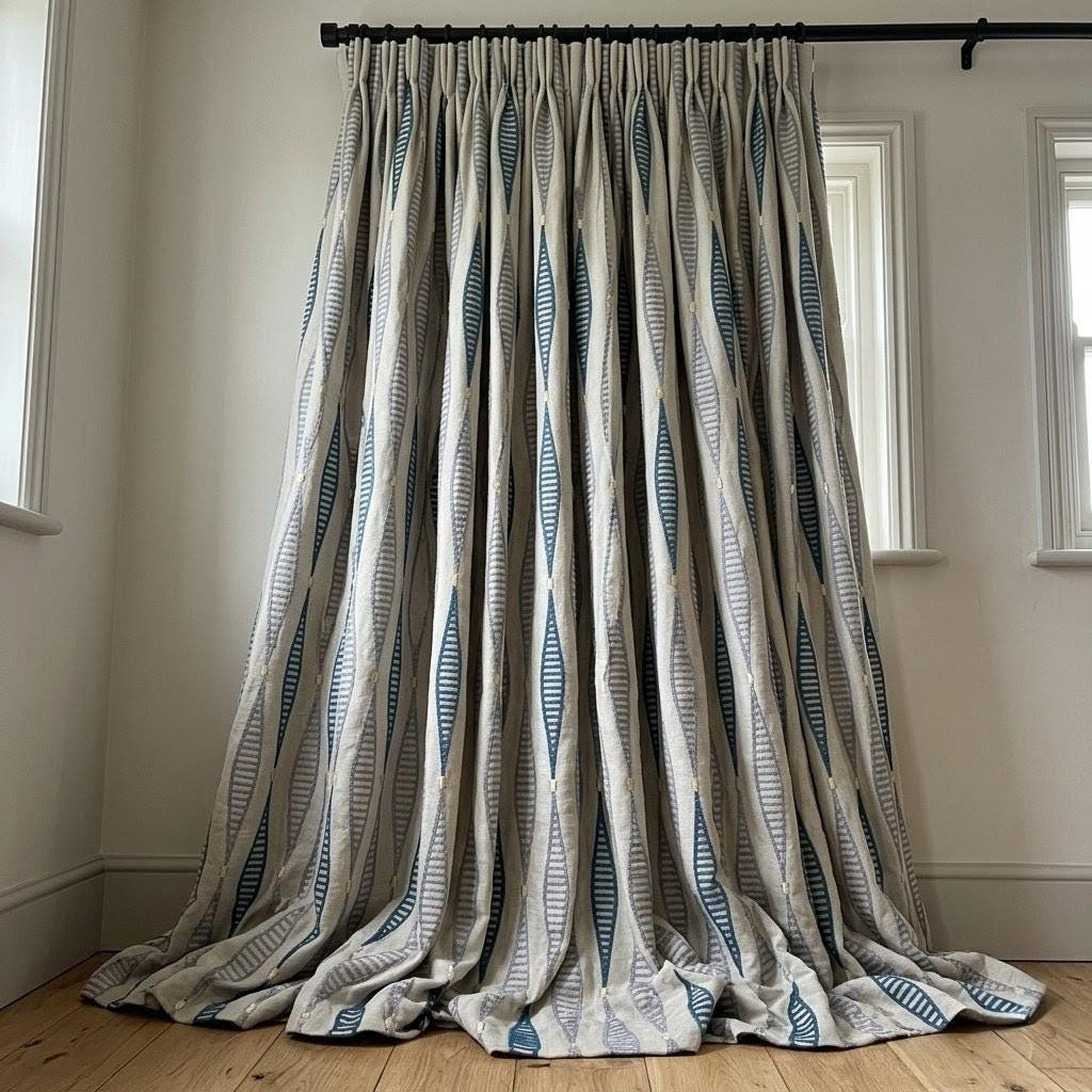 Natural Linen Embroidered Curtains, Teal Slate Blue Geometric Drapes, Custom Panels — image 9