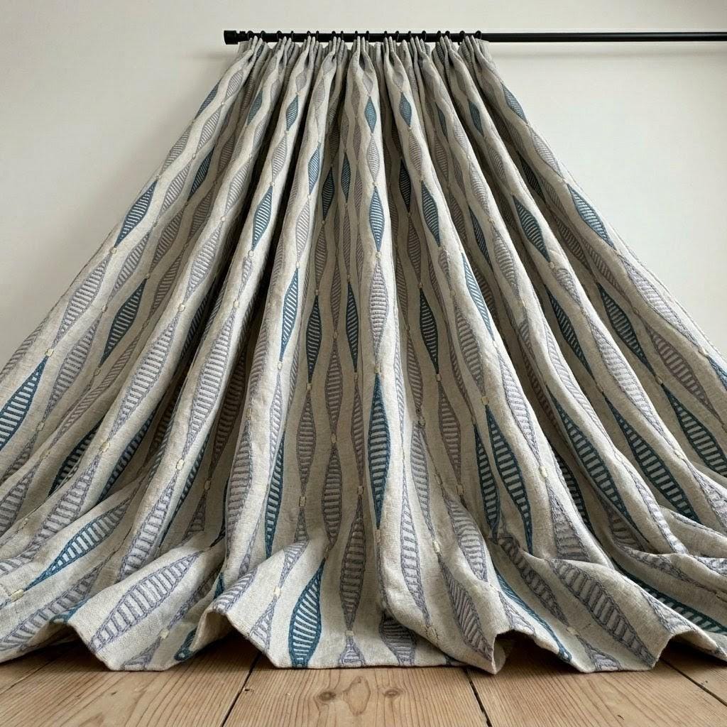 Natural Linen Embroidered Curtains, Teal Slate Blue Geometric Drapes, Custom Panels — image 10