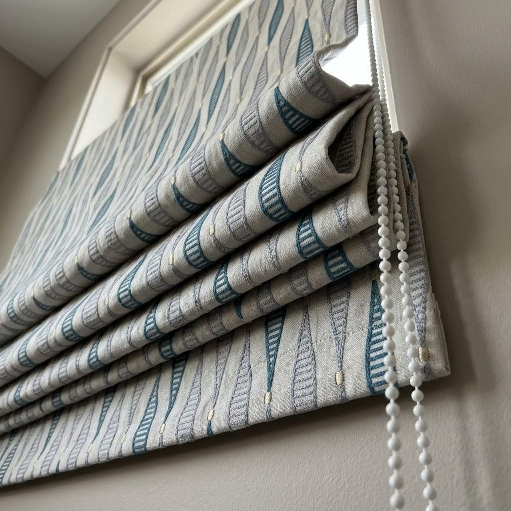 Teal Blue Geometric Embroidered Linen Roman Shade, Custom Window Blind (Light Filtering or Blackout) — image 3