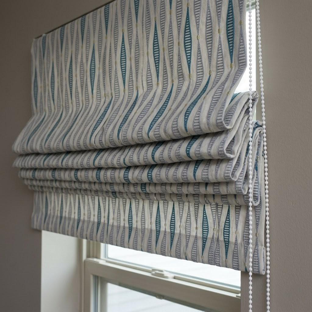 Teal Blue Geometric Embroidered Linen Roman Shade, Custom Window Blind (Light Filtering or Blackout) — image 5