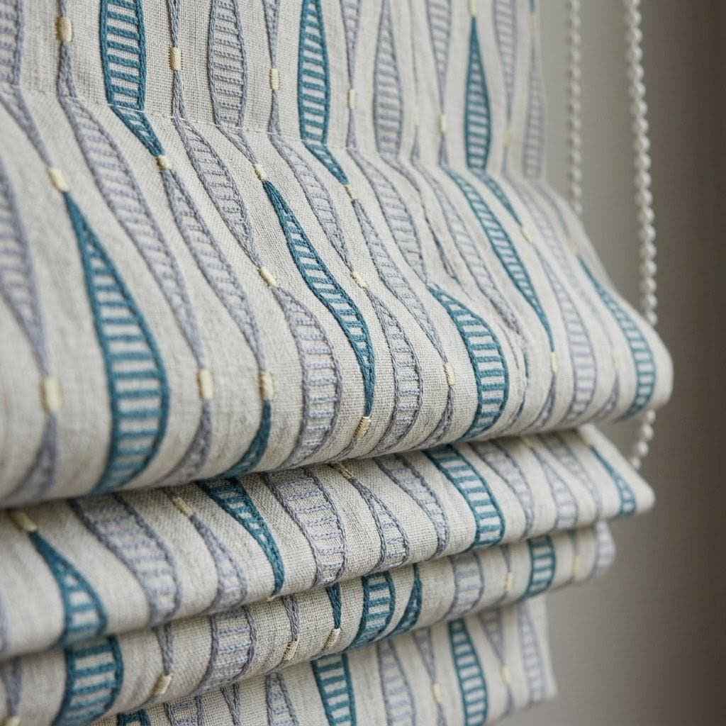 Teal Blue Geometric Embroidered Linen Roman Shade, Custom Window Blind (Light Filtering or Blackout) — image 4