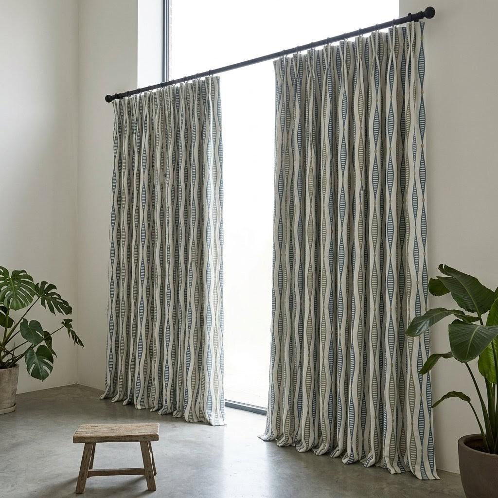 Ivory Linen Embroidered Curtains, Teal Blue Sage Geometric Drapes, Custom Panels — image 4