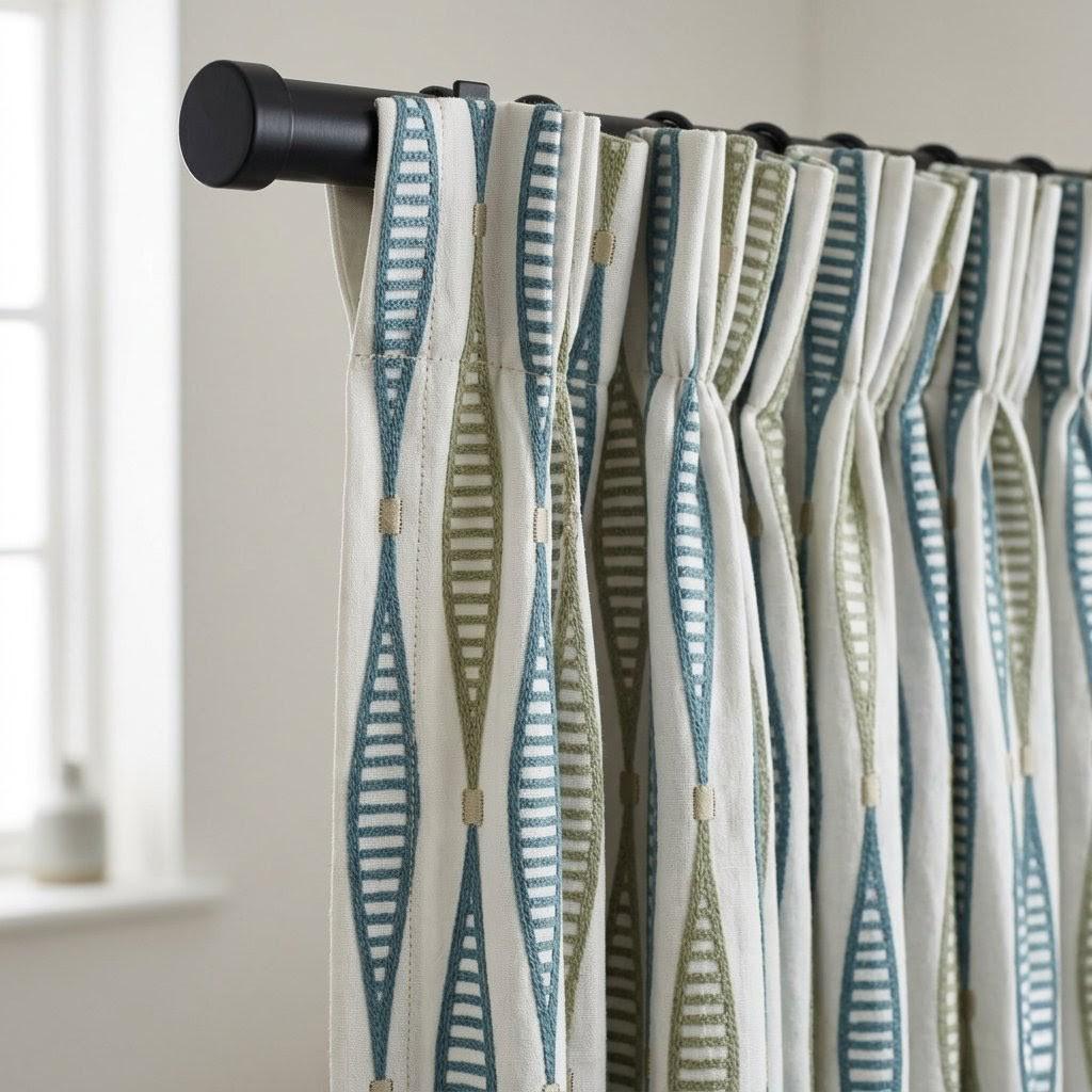 Ivory Linen Embroidered Curtains, Teal Blue Sage Geometric Drapes, Custom Panels — image 6