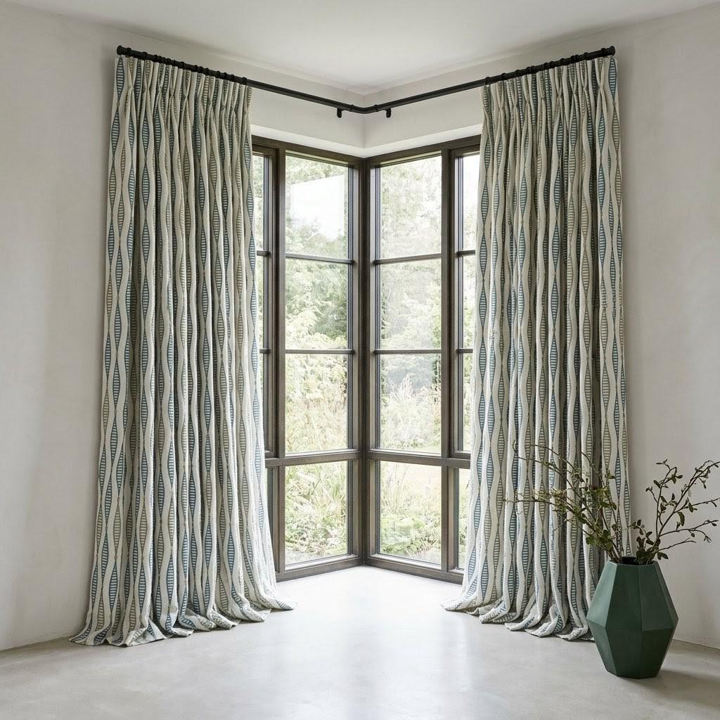 Ivory Linen Embroidered Curtains, Teal Blue Sage Geometric Drapes, Custom Panels — image 10