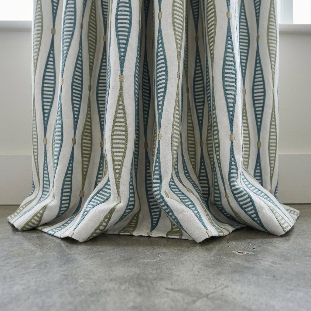 Ivory Linen Embroidered Curtains, Teal Blue Sage Geometric Drapes, Custom Panels — image 3