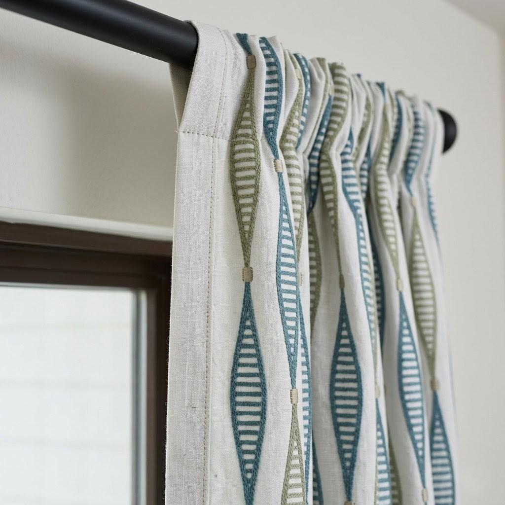 Ivory Linen Embroidered Curtains, Teal Blue Sage Geometric Drapes, Custom Panels — image 2