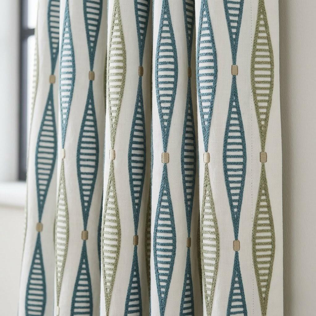 Ivory Linen Embroidered Curtains, Teal Blue Sage Geometric Drapes, Custom Panels — image 1
