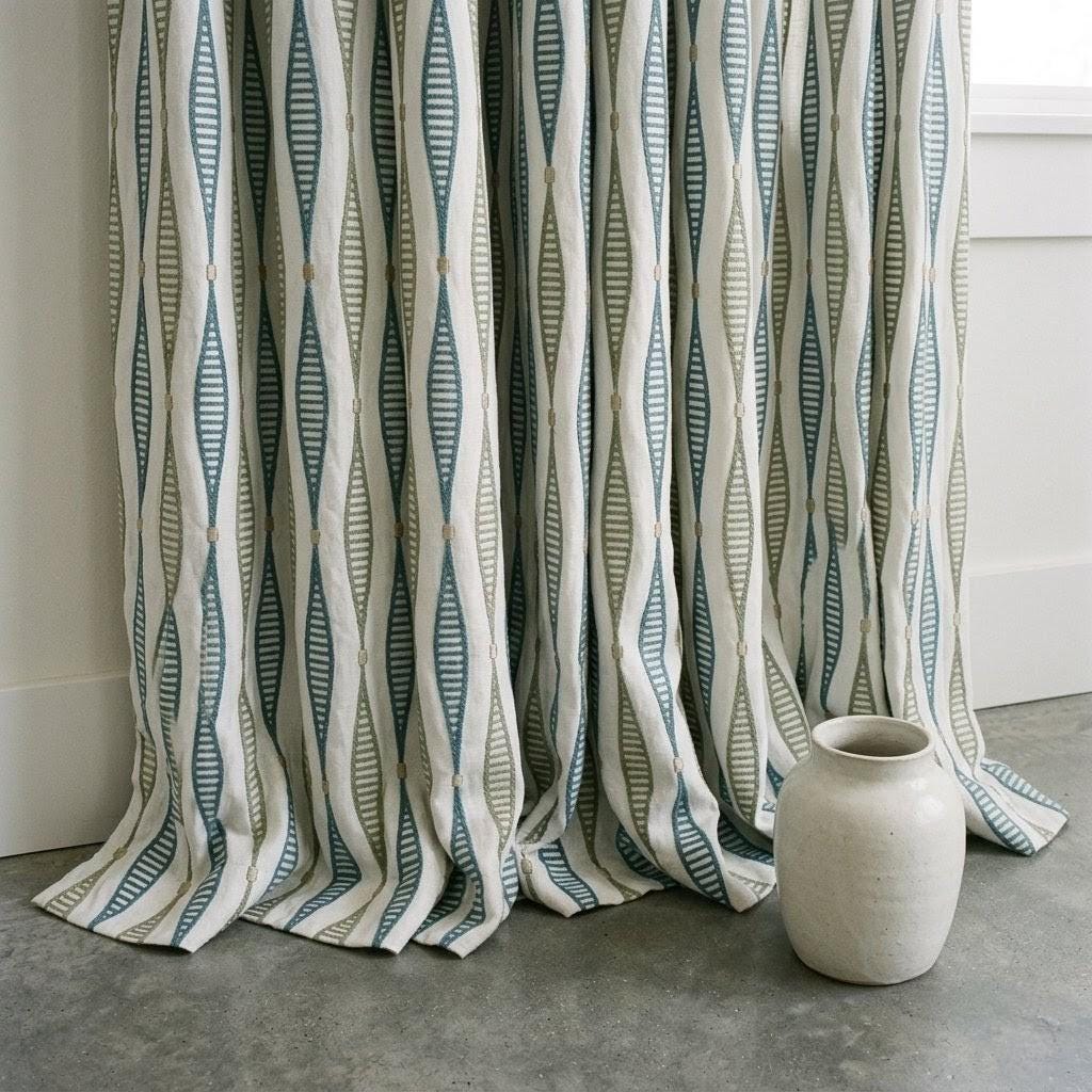 Ivory Linen Embroidered Curtains, Teal Blue Sage Geometric Drapes, Custom Panels — image 9