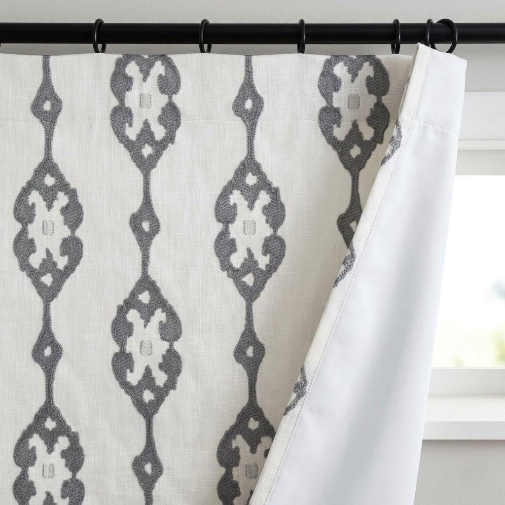 Ivory Pure Linen Embroidered Curtains, Grey Medallion Drapes, Custom Semi Sheer or Blackout Panels — image 8