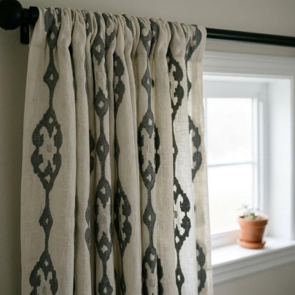 Ivory Pure Linen Embroidered Curtains, Grey Medallion Drapes, Custom Semi Sheer or Blackout Panels — image 7