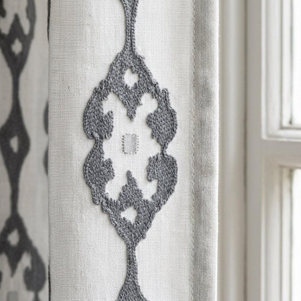 Ivory Pure Linen Embroidered Curtains, Grey Medallion Drapes, Custom Semi Sheer or Blackout Panels — image 1