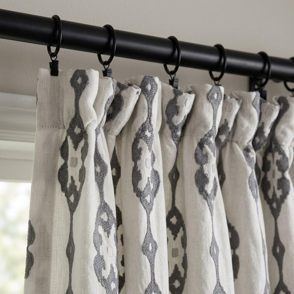 Ivory Pure Linen Embroidered Curtains, Grey Medallion Drapes, Custom Semi Sheer or Blackout Panels — image 2