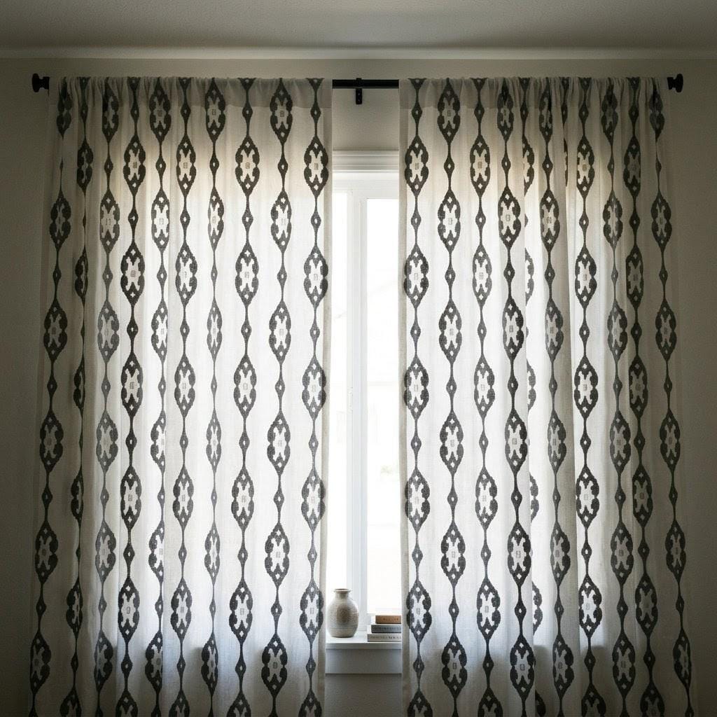Ivory Pure Linen Embroidered Curtains, Grey Medallion Drapes, Custom Semi Sheer or Blackout Panels — image 10