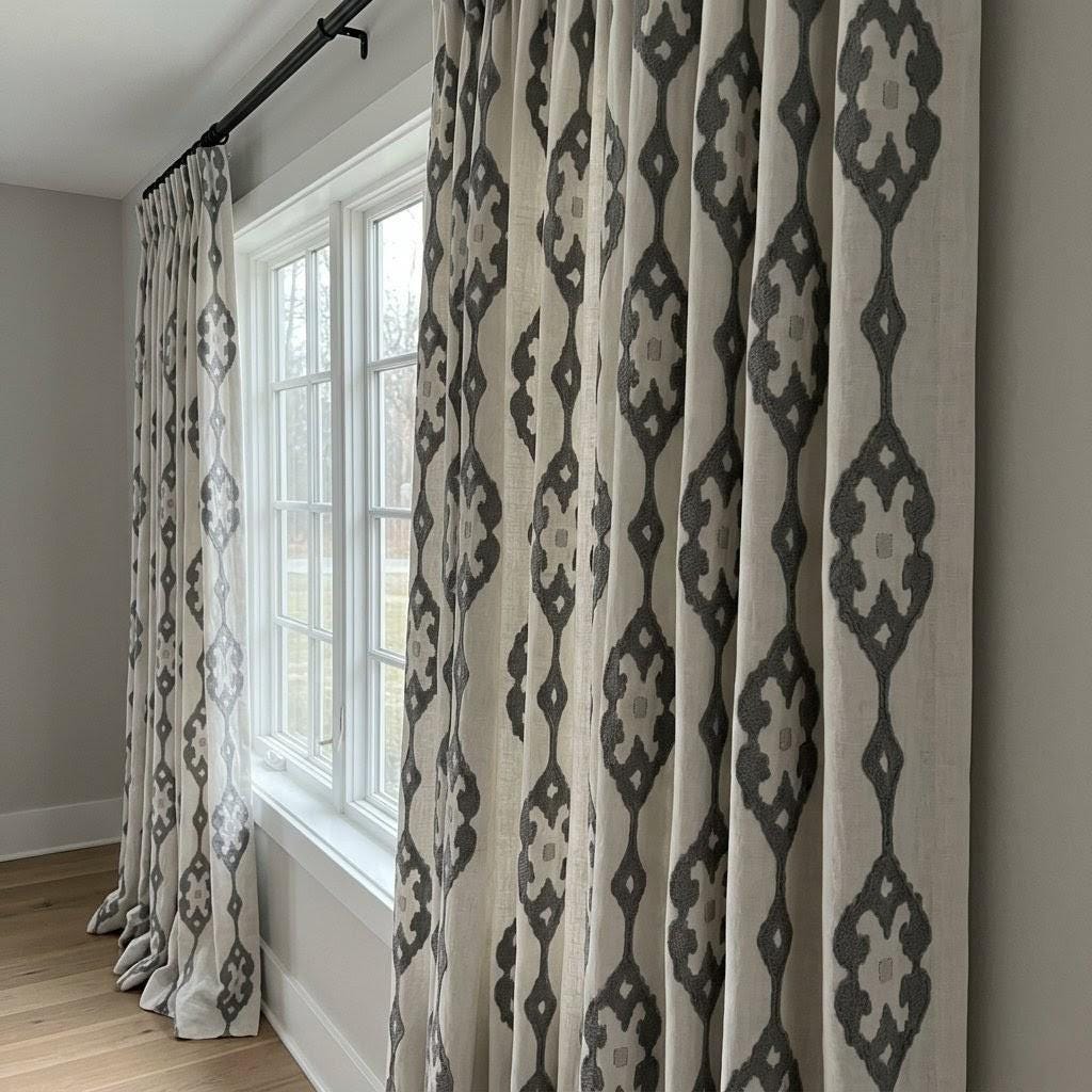 Ivory Pure Linen Embroidered Curtains, Grey Medallion Drapes, Custom Semi Sheer or Blackout Panels — image 3