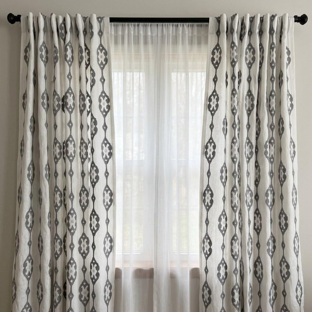 Ivory Pure Linen Embroidered Curtains, Grey Medallion Drapes, Custom Semi Sheer or Blackout Panels — image 9