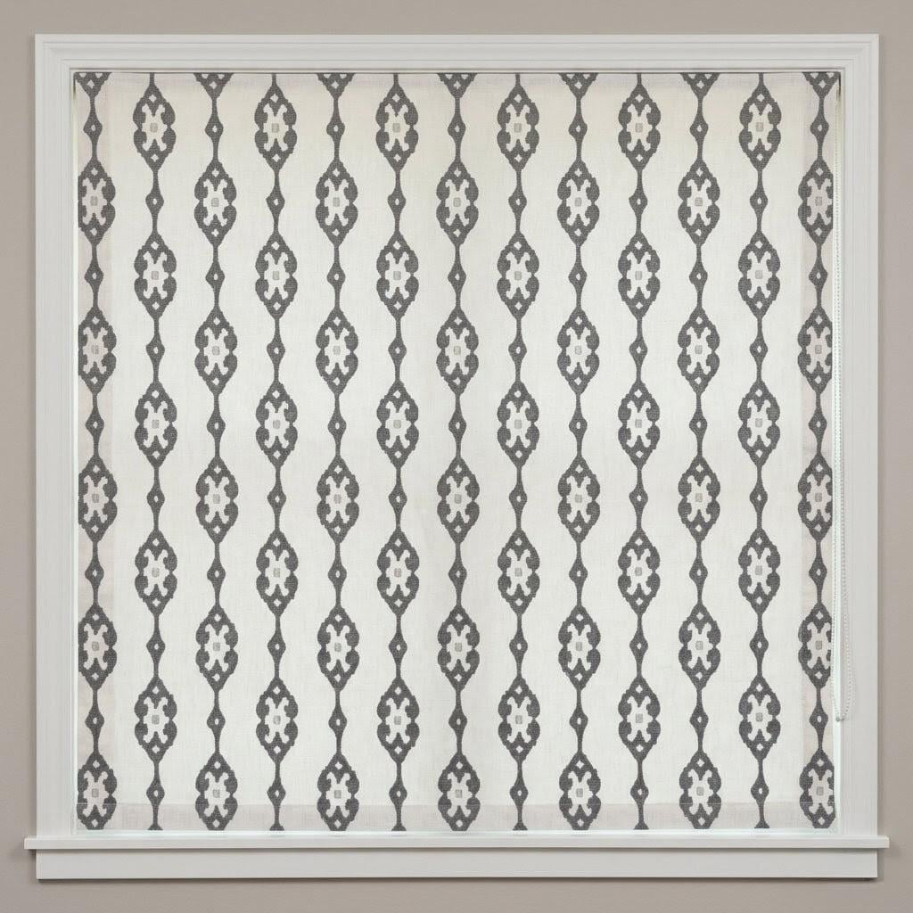 Embroidered Linen Roman Shade, Ogee Trellis Window Blind, Custom Ivory Gray — image 1