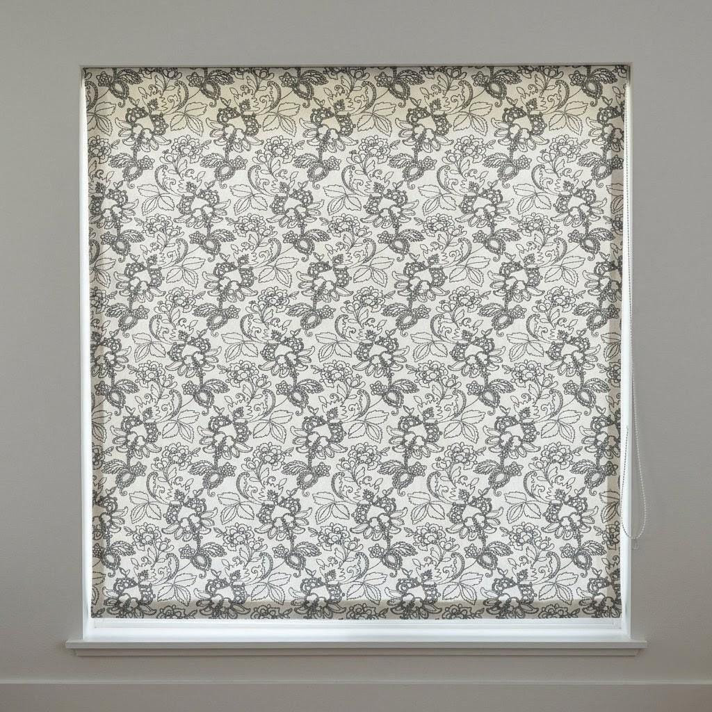 Embroidered Floral Linen Roman Shade, Botanical Window Blind, Custom Ivory Gray Shade — image 5