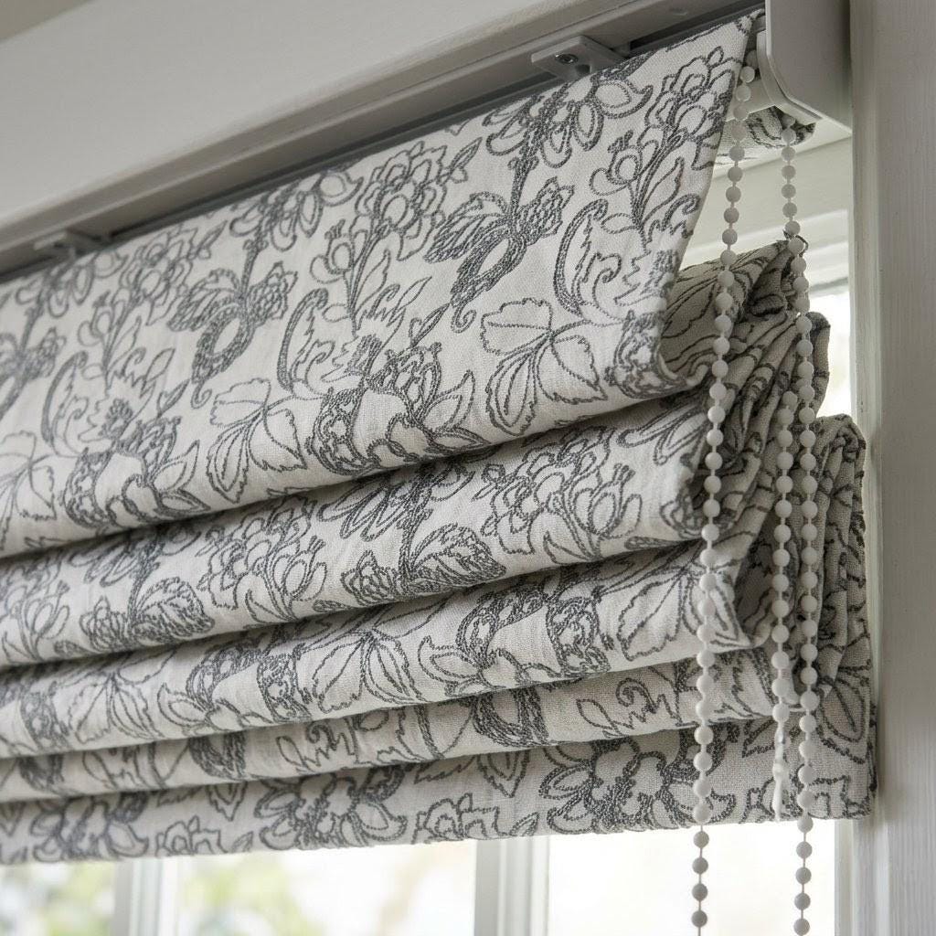 Embroidered Floral Linen Roman Shade, Botanical Window Blind, Custom Ivory Gray Shade — image 6