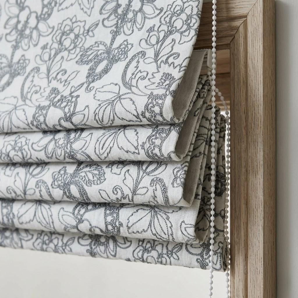 Embroidered Floral Linen Roman Shade, Botanical Window Blind, Custom Ivory Gray Shade — image 1