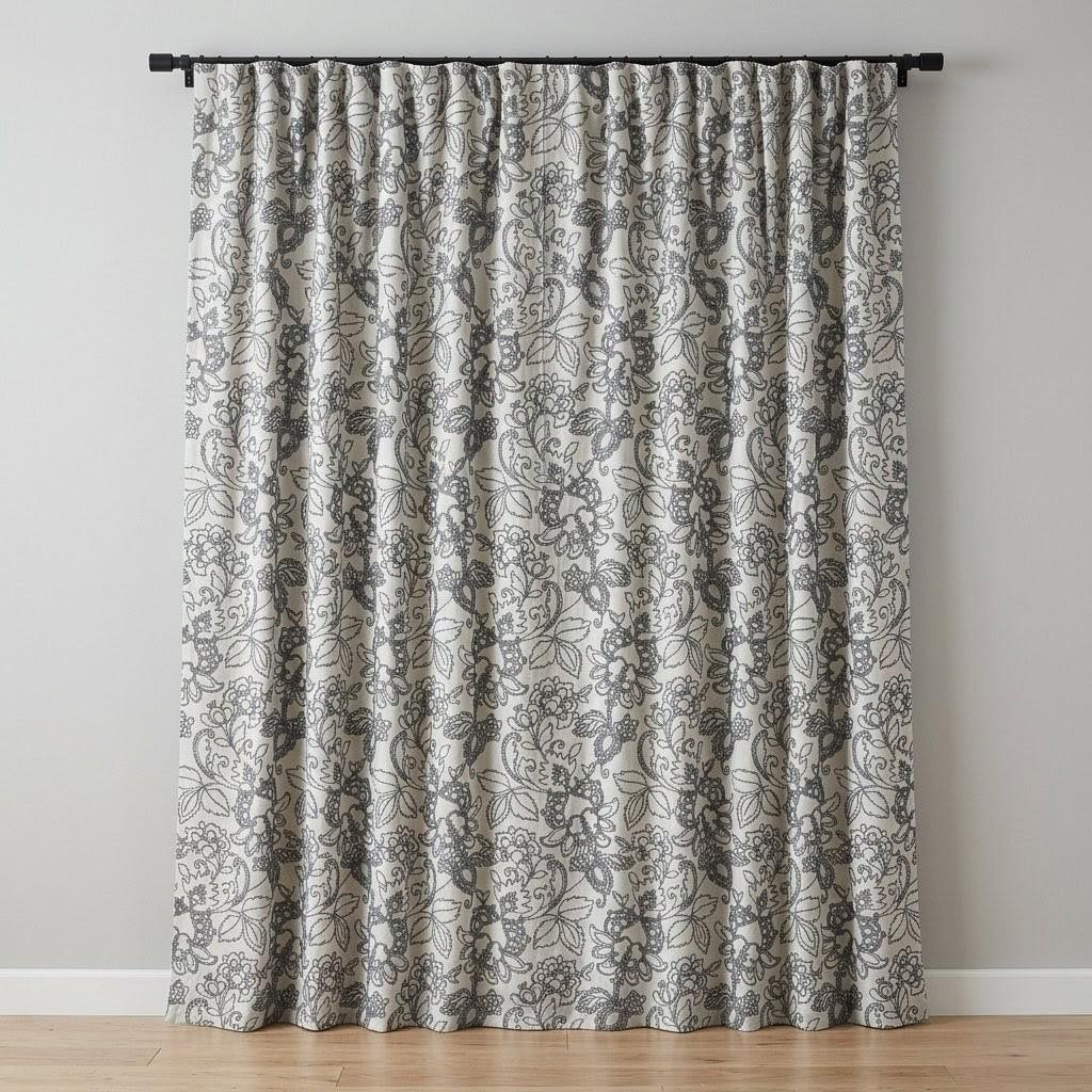 Charcoal Floral Embroidered Linen Curtains, Natural Oatmeal Botanical Panels — image 4