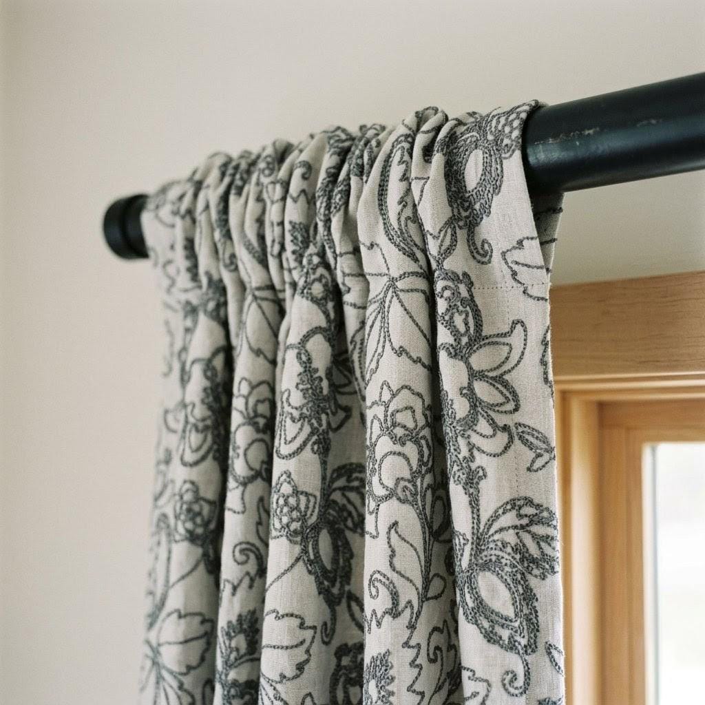 Charcoal Floral Embroidered Linen Curtains, Natural Oatmeal Botanical Panels — image 6