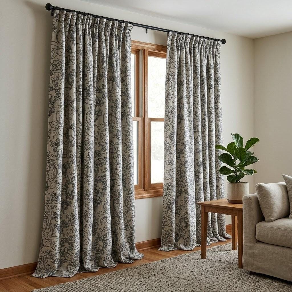 Charcoal Floral Embroidered Linen Curtains, Natural Oatmeal Botanical Panels — image 5